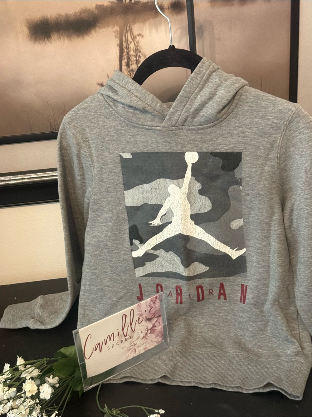 Jordan Grey Camo Jumpman Pullover Hoodie with Red Logo